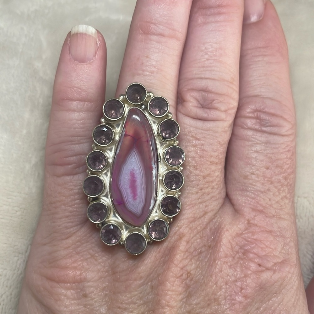 Woman’s ring, sliced druzy and amethyst silver ring 7